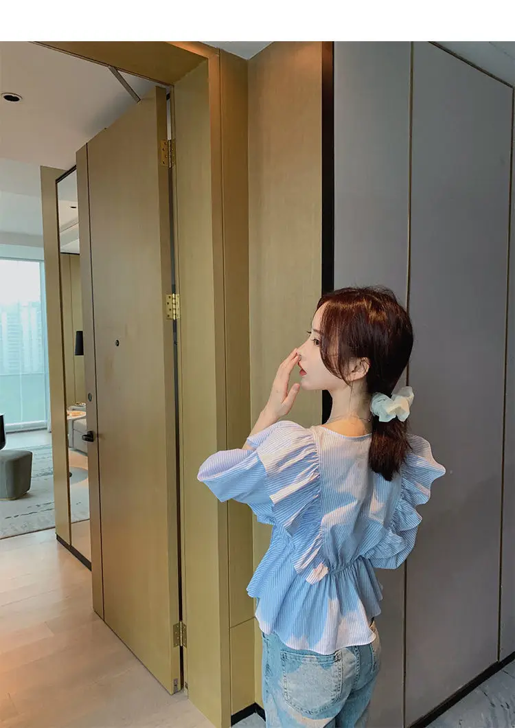 Blue Striped Ruffled V-Neck Top for Women Spring Summer — feature 17