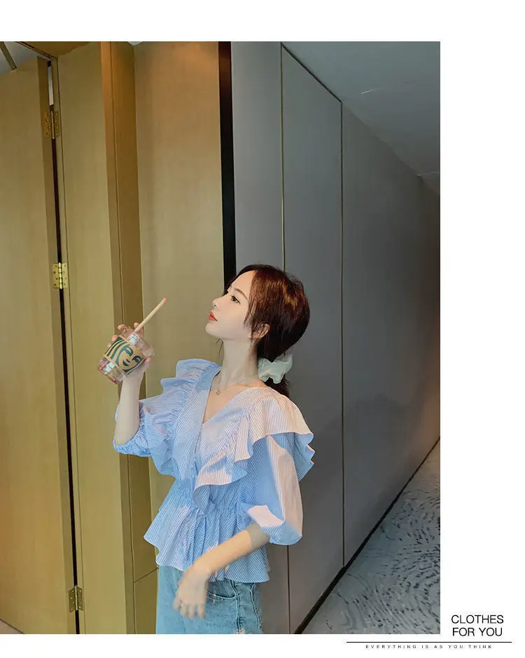 Blue Striped Ruffled V-Neck Top for Women Spring Summer — feature 18
