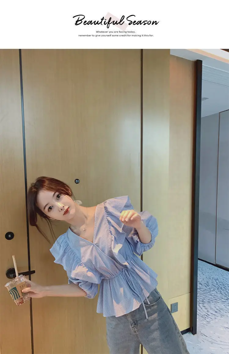 Blue Striped Ruffled V-Neck Top for Women Spring Summer — feature 19