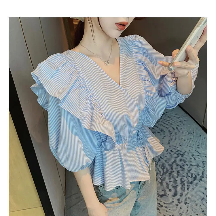 Blue Striped Ruffled V-Neck Top for Women Spring Summer — feature 20