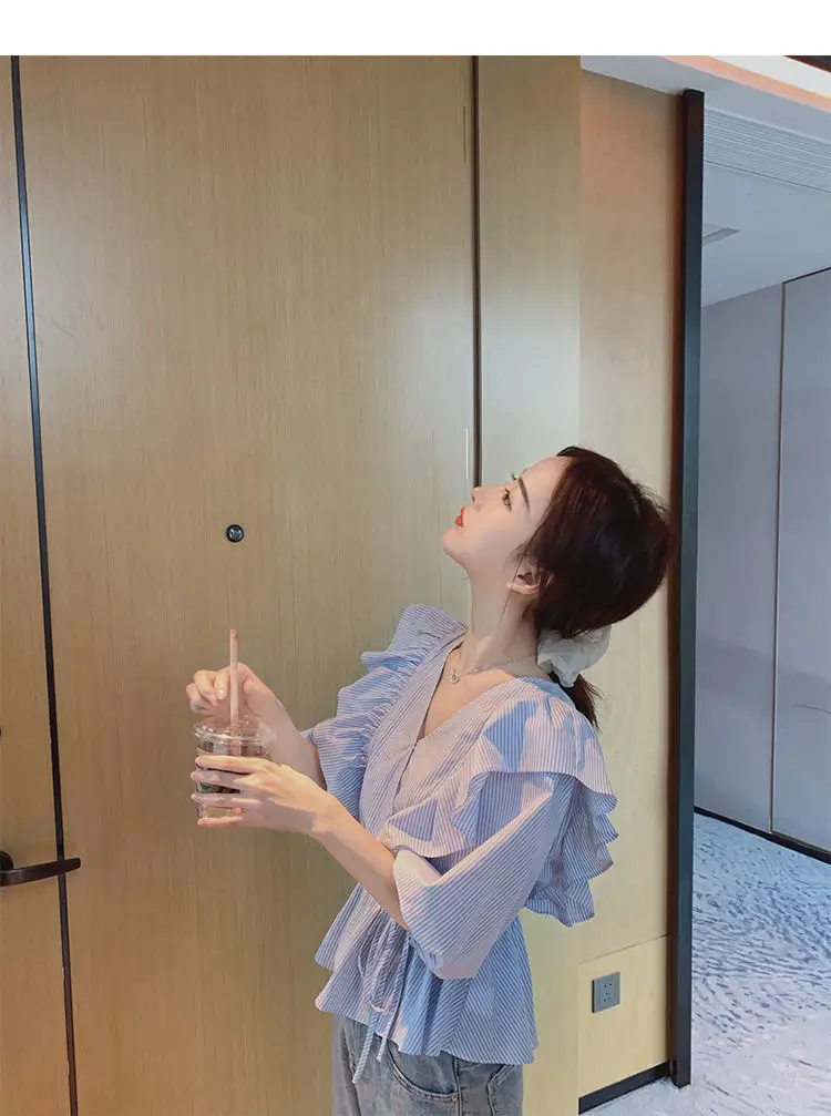 Blue Striped Ruffled V-Neck Top for Women Spring Summer — feature 21