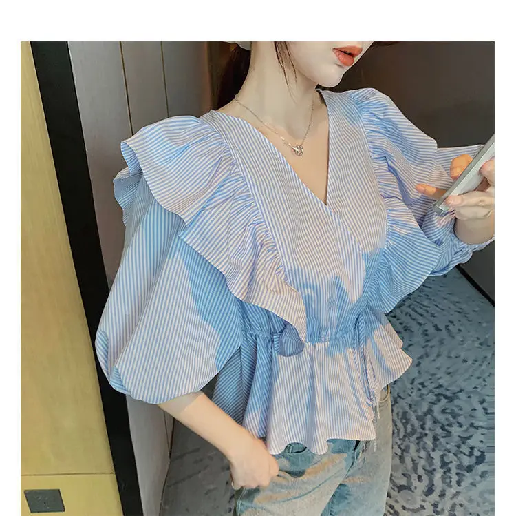 Blue Striped Ruffled V-Neck Top for Women Spring Summer — feature 22
