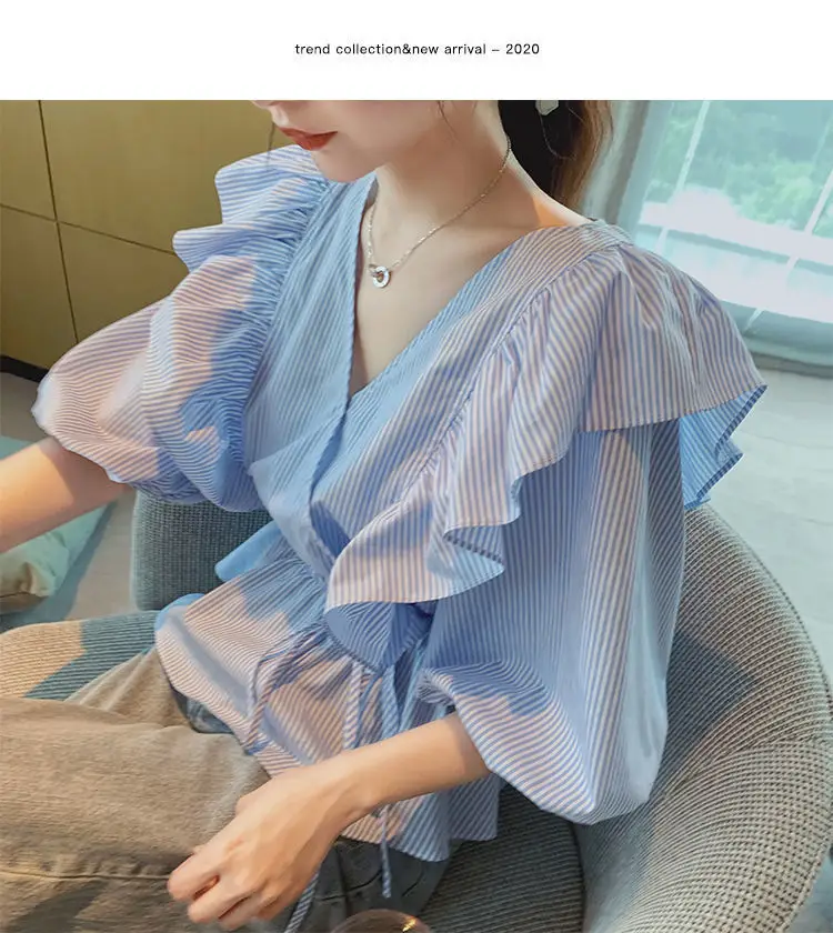 Blue Striped Ruffled V-Neck Top for Women Spring Summer — feature 3