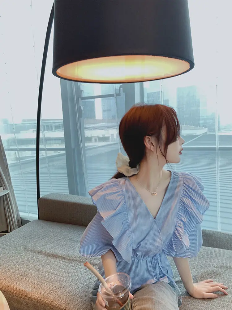 Blue Striped Ruffled V-Neck Top for Women Spring Summer — feature 5