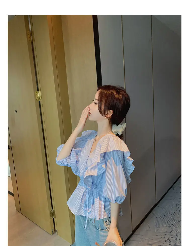 Blue Striped Ruffled V-Neck Top for Women Spring Summer — feature 8