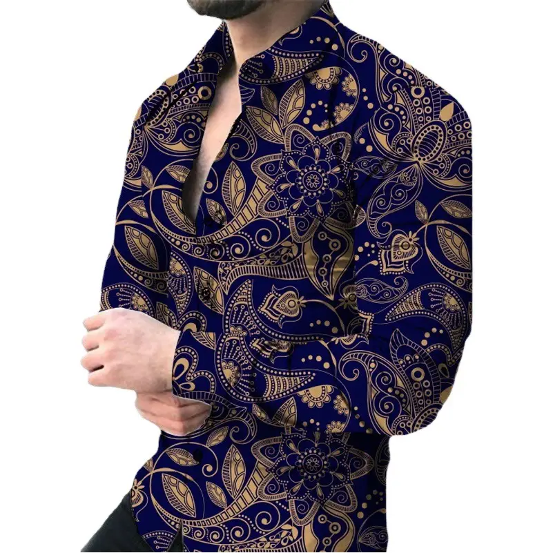 Men's Long Sleeve Floral Shirt Brown Green Pattern