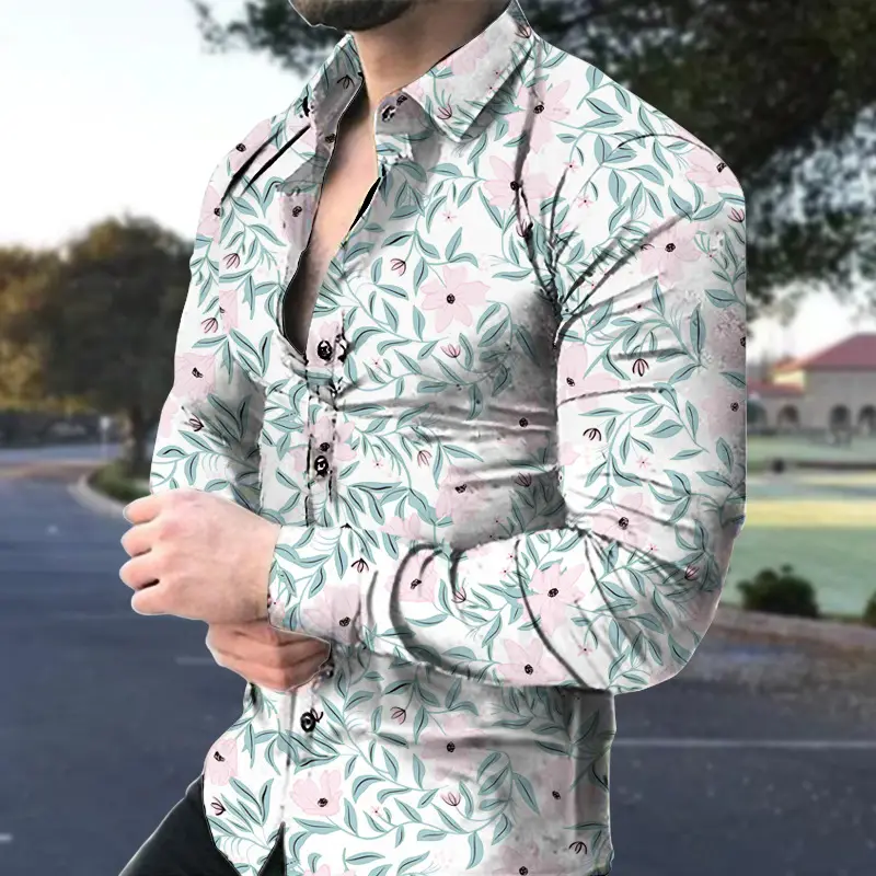 Men's Long Sleeve Floral Shirt Brown Green Pattern - Image 10