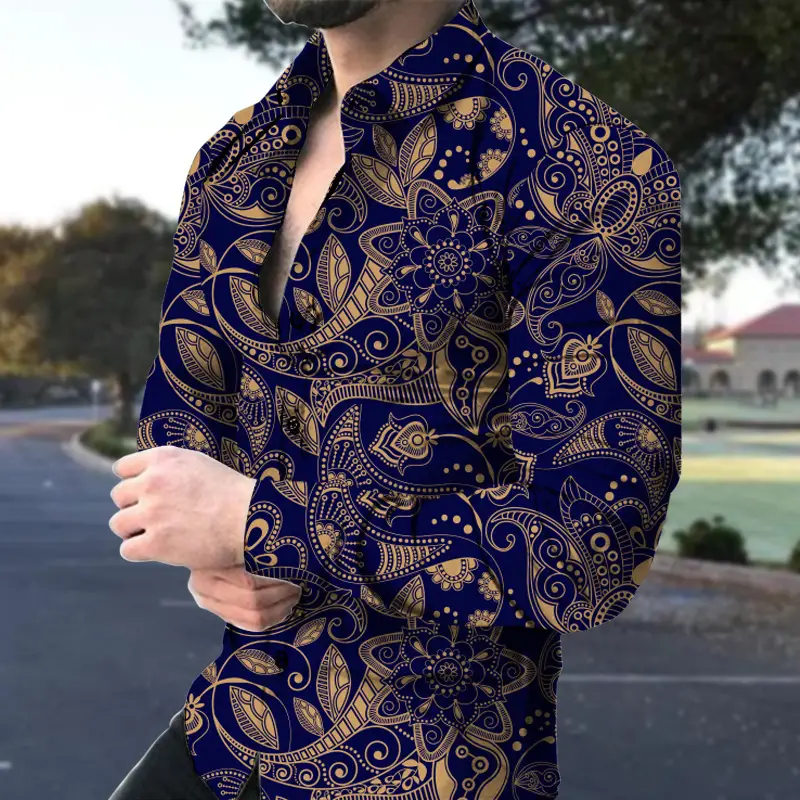 Men's Long Sleeve Floral Shirt Brown Green Pattern - Image 4