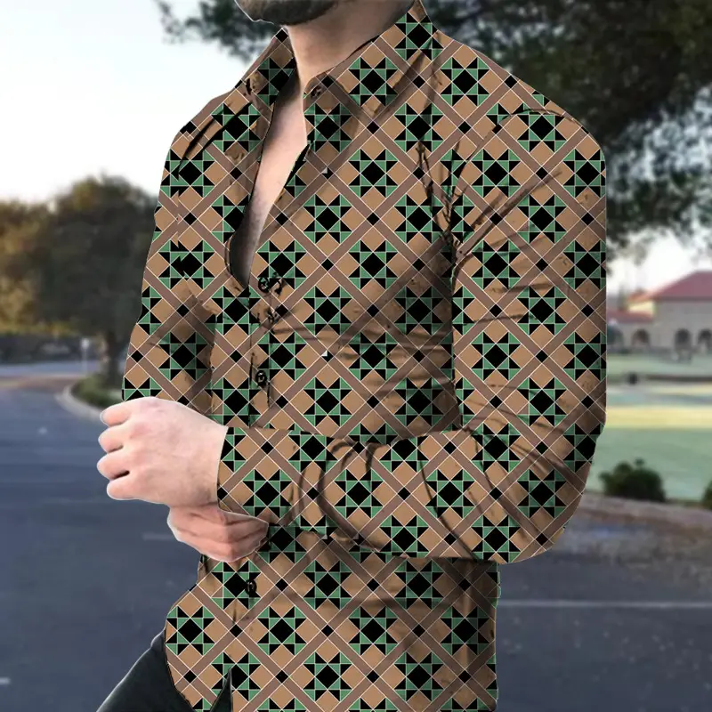 Men's Long Sleeve Floral Shirt Brown Green Pattern - Image 6