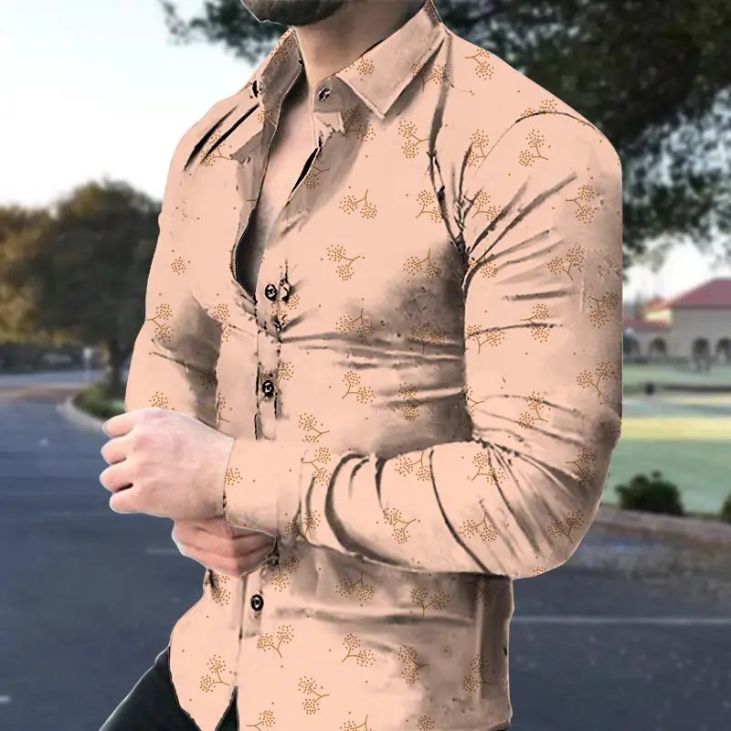 Men's Long Sleeve Floral Shirt Brown Green Pattern - Image 7