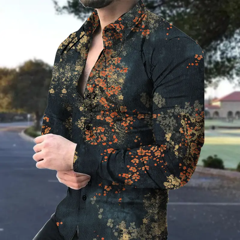 Men's Long Sleeve Floral Shirt Brown Green Pattern - Image 8