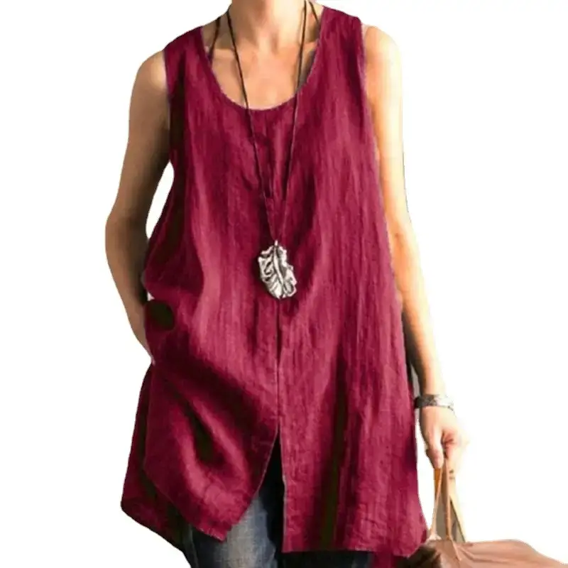 Men Cotton Linen Patchwork Vest Maroon Loose Fit - Image 24