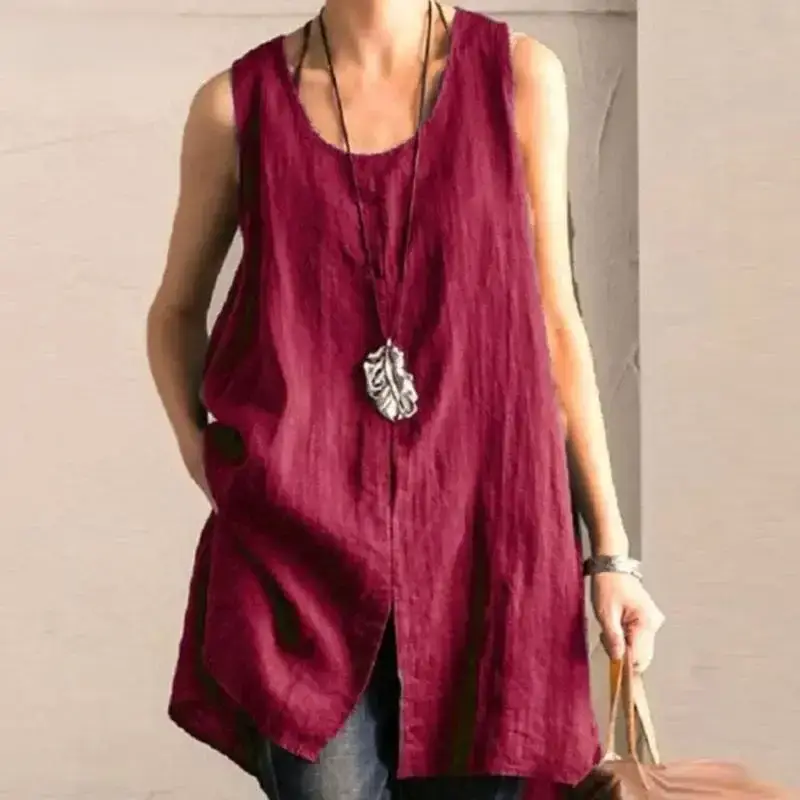 Men Cotton Linen Patchwork Vest Maroon Loose Fit - Image 12