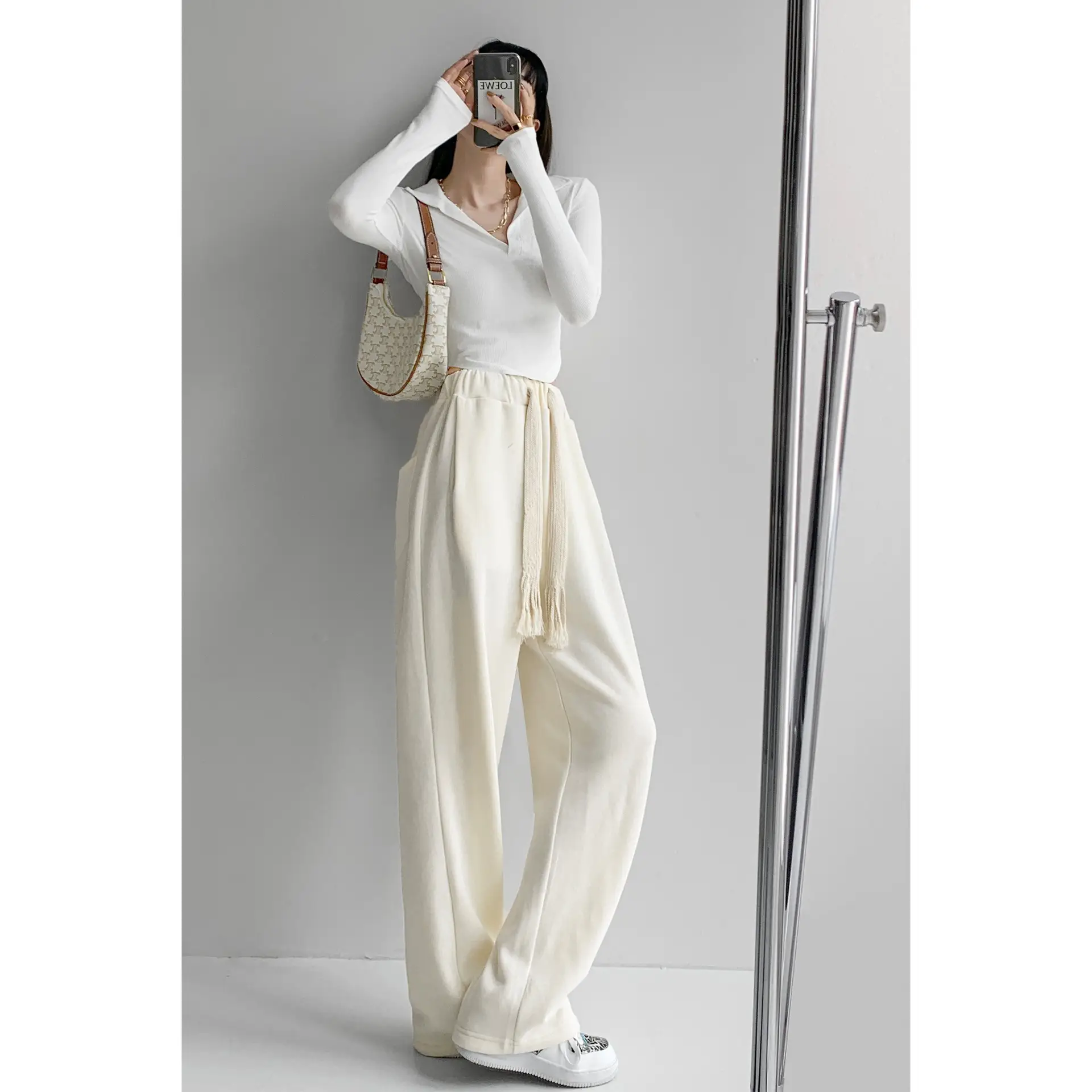 Women's White Loose Trousers with Long Sleeve Top 2022 Spring