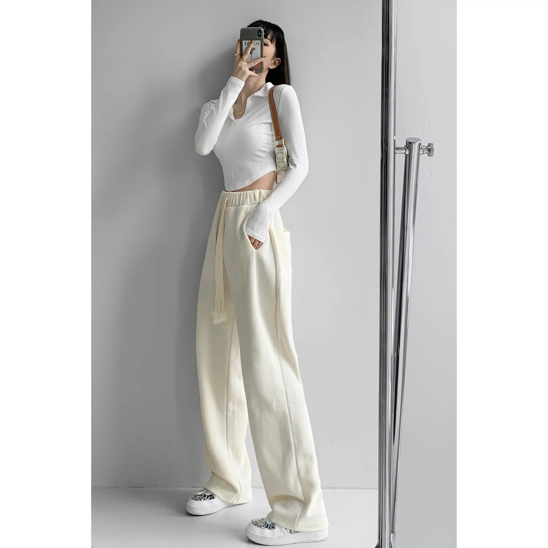 Women's White Loose Trousers with Long Sleeve Top 2022 Spring