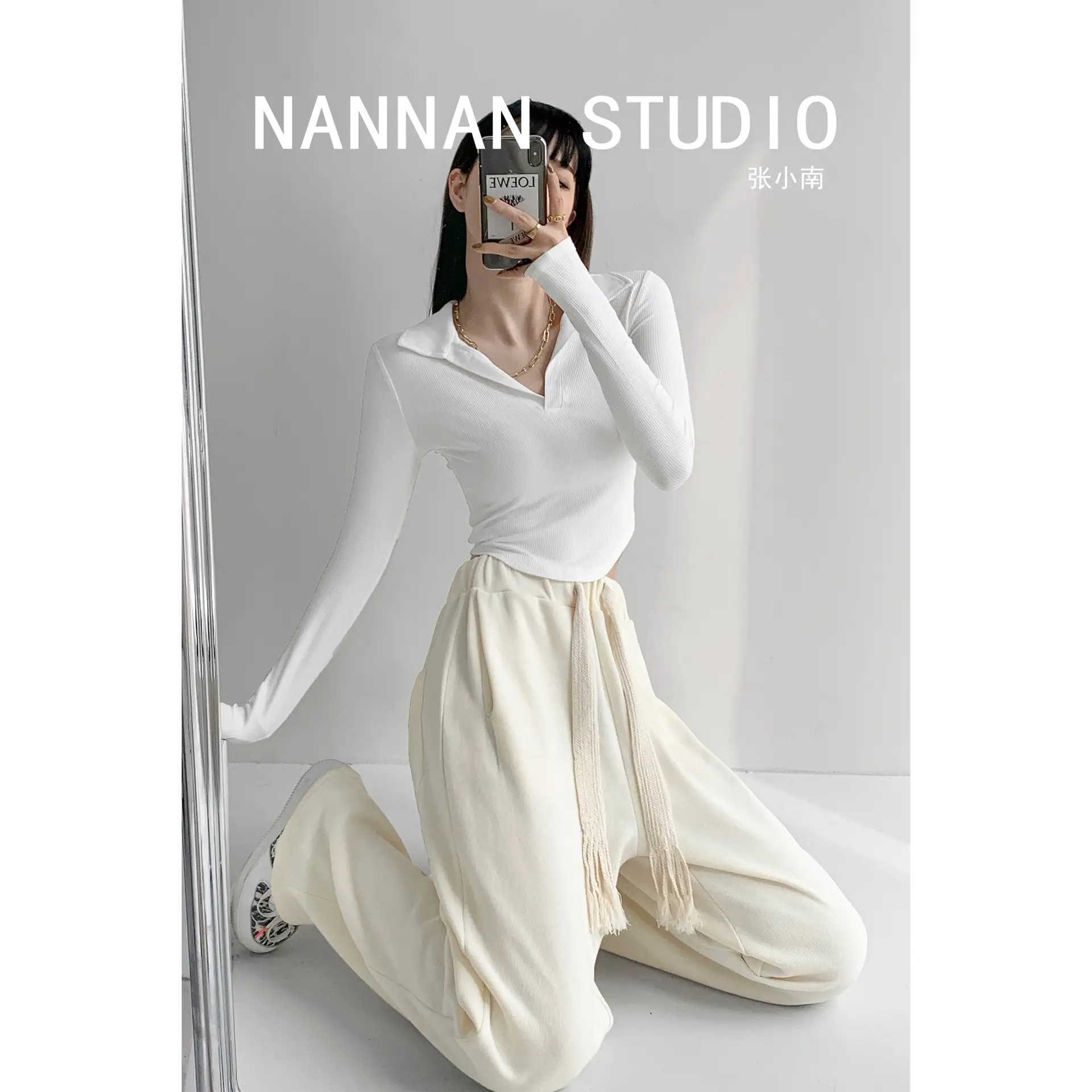Women's White Loose Trousers with Long Sleeve Top 2022 Spring