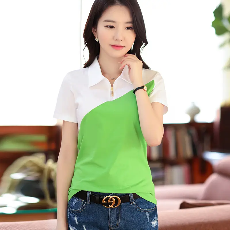 Women's Green White Lapel Zipper T-Shirt Short Sleeve Cotton - Image 4