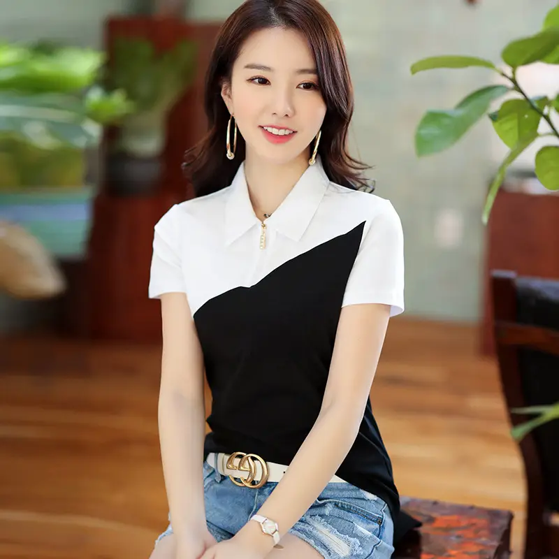 Women's Green White Lapel Zipper T-Shirt Short Sleeve Cotton - Image 7