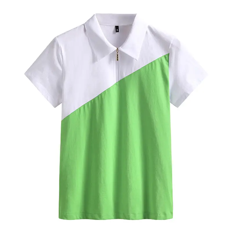 Women's Green White Lapel Zipper T-Shirt Short Sleeve Cotton - Image 8