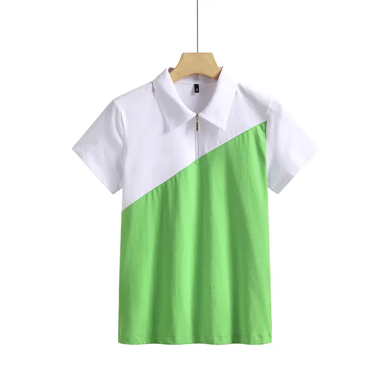 Women's Green White Lapel Zipper T-Shirt Short Sleeve Cotton - Image 2