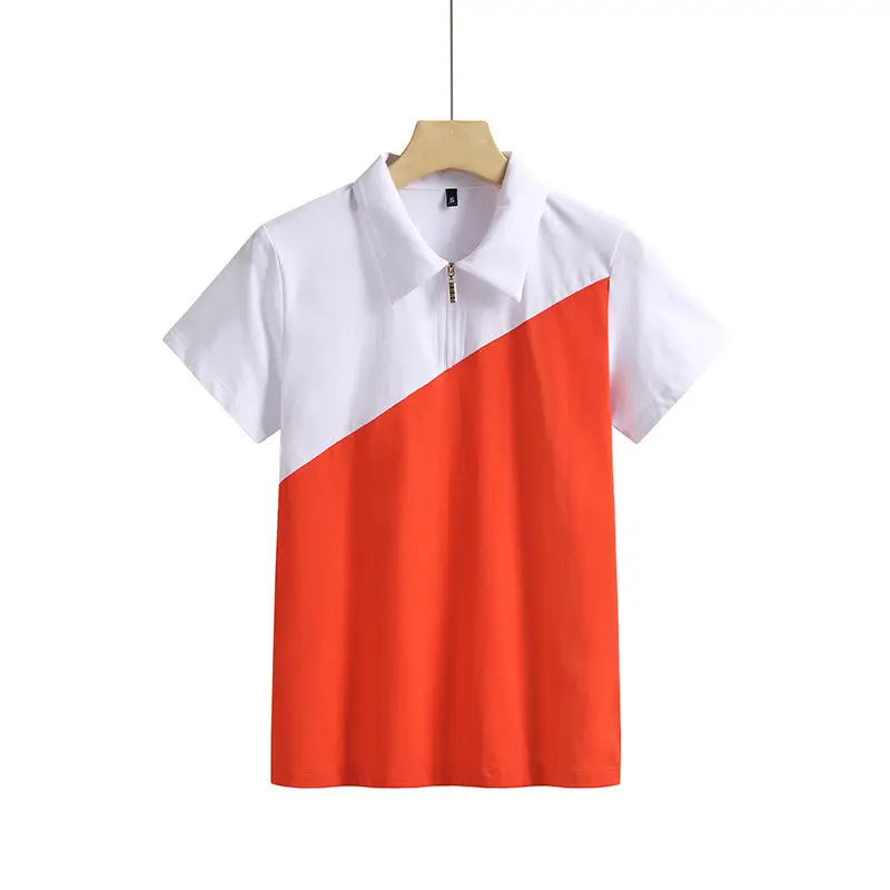 Women's Green White Lapel Zipper T-Shirt Short Sleeve Cotton - Image 3