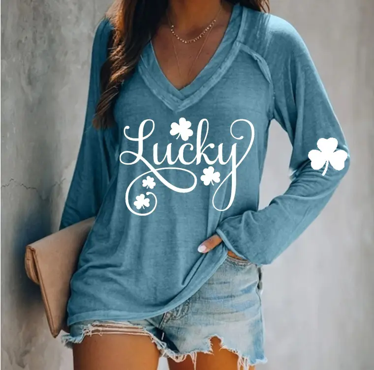 Lucky Four Leaf Clover Long Sleeve V-Neck T-Shirt Women Green