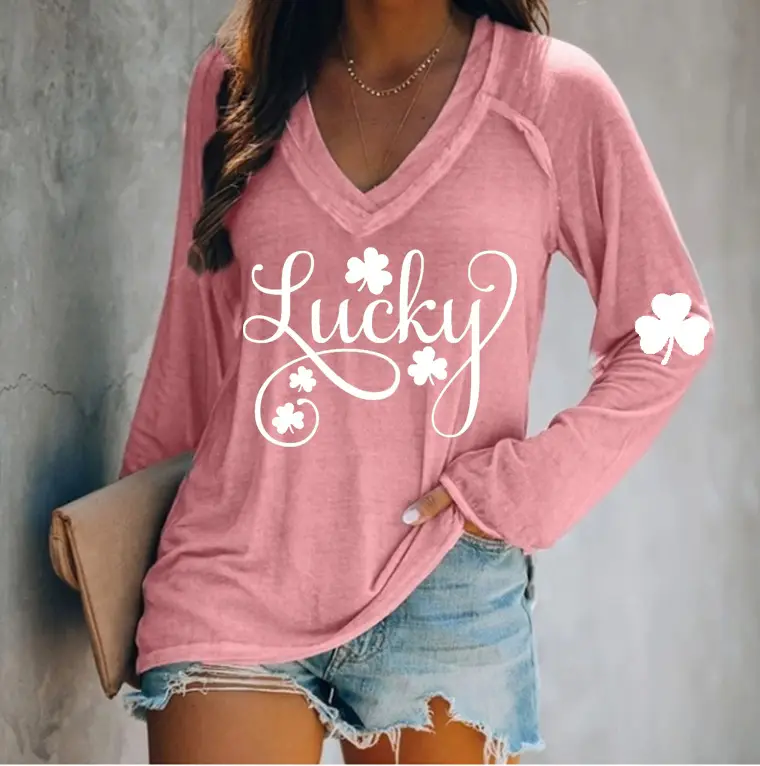 Lucky Four Leaf Clover Long Sleeve V-Neck T-Shirt Women Green