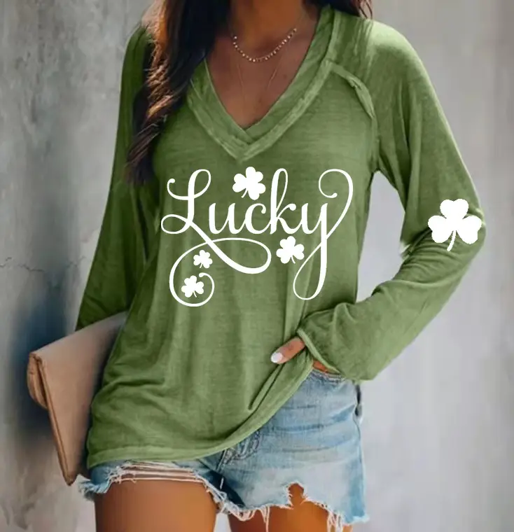 Lucky Four Leaf Clover Long Sleeve V-Neck T-Shirt Women Green