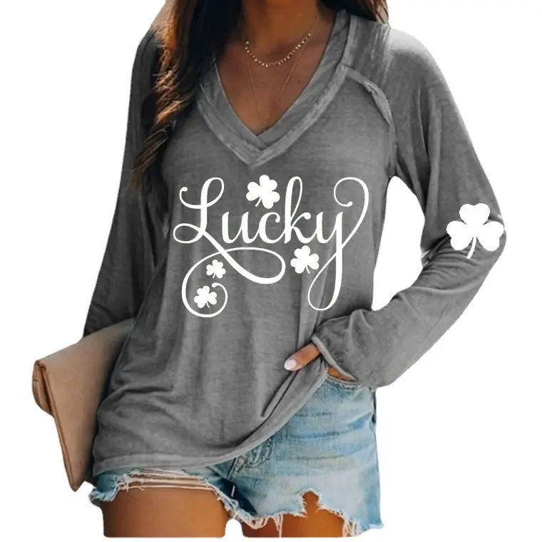 Lucky Four Leaf Clover Long Sleeve V-Neck T-Shirt Women Green