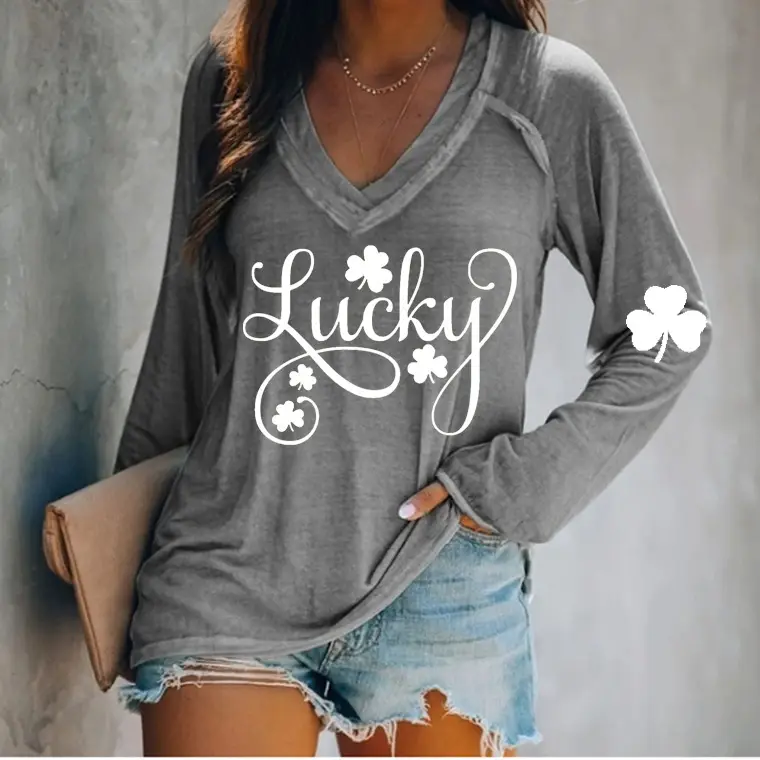Lucky Four Leaf Clover Long Sleeve V-Neck T-Shirt Women Green
