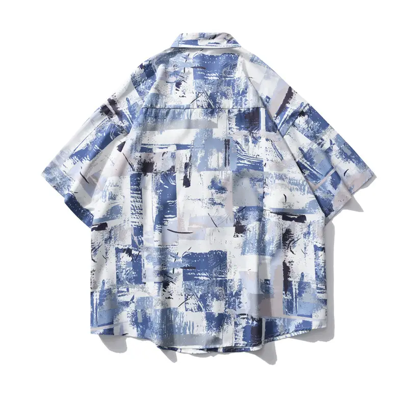 Men's 2022 Printed Short Sleeve Shirt Blue White Loose Fit Casual