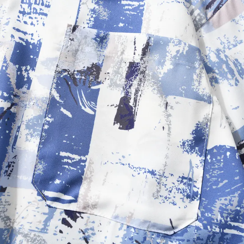 Men's 2022 Printed Short Sleeve Shirt Blue White Loose Fit Casual