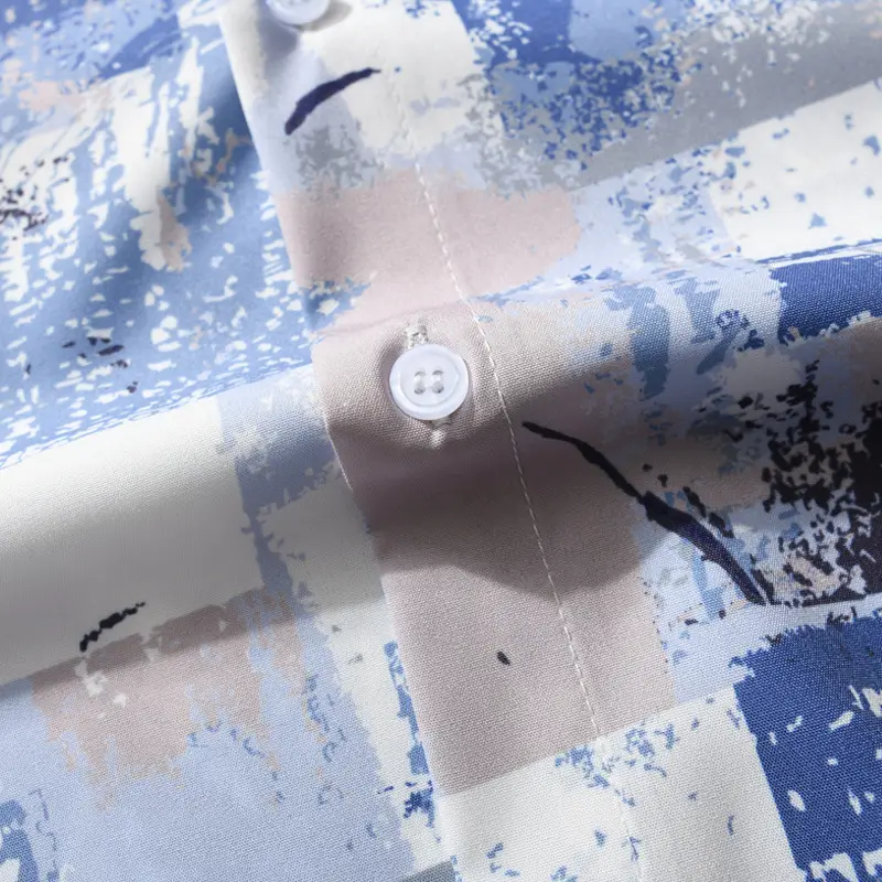 Men's 2022 Printed Short Sleeve Shirt Blue White Loose Fit Casual