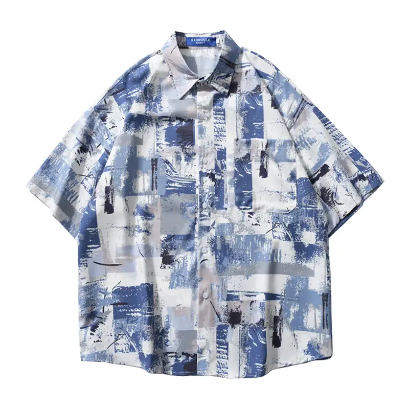 Men's 2022 Printed Short Sleeve Shirt Blue White Loose Fit Casual