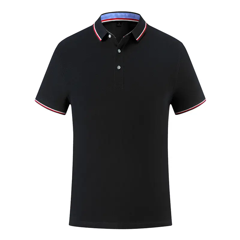 Men Black Embroidered Polo Shirt with Red Blue Trim - Image 13