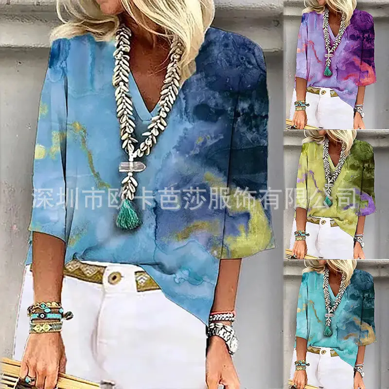 Women's Green Tie-dye Pullover T-Shirt Spring Summer Loose Fit - Image 4