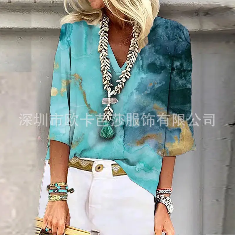 Women's Green Tie-dye Pullover T-Shirt Spring Summer Loose Fit - Image 5