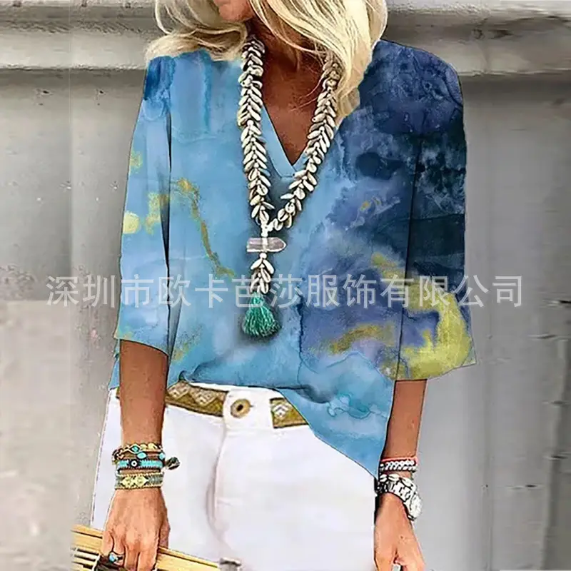 Women's Green Tie-dye Pullover T-Shirt Spring Summer Loose Fit - Image 7