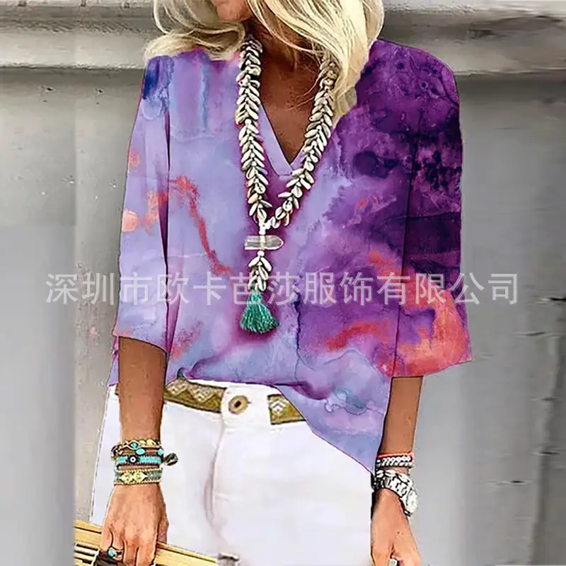 Women's Green Tie-dye Pullover T-Shirt Spring Summer Loose Fit - Image 8