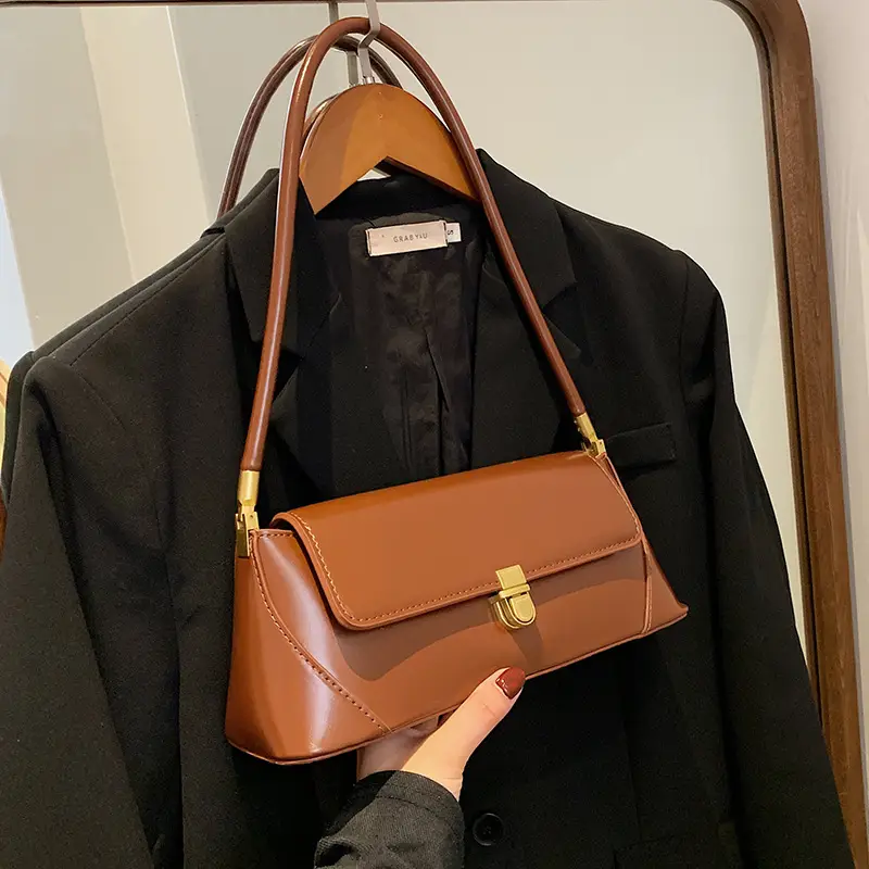 Women's French Style Shoulder Bag Brown Leather Square Design