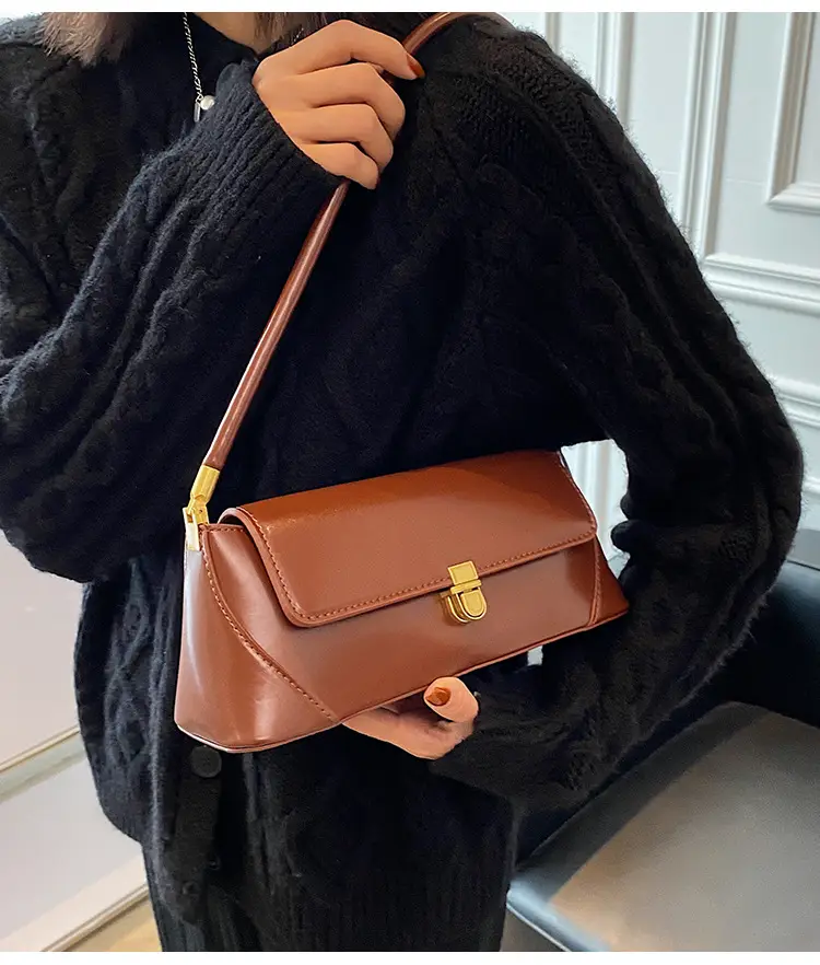 Women's French Style Shoulder Bag Brown Leather Square Design — feature 18