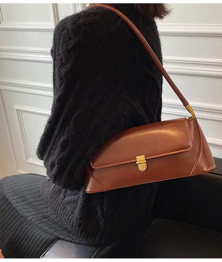 Women's French Style Shoulder Bag Brown Leather Square Design — feature 19
