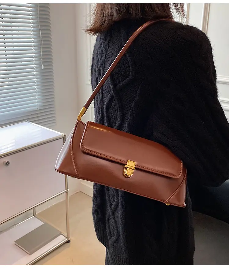 Women's French Style Shoulder Bag Brown Leather Square Design — feature 20