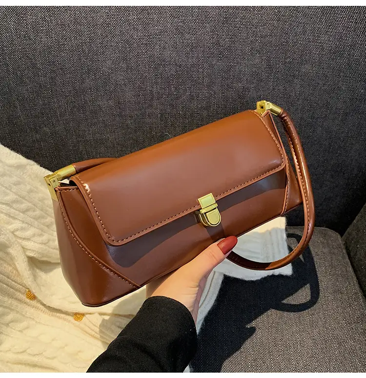 Women's French Style Shoulder Bag Brown Leather Square Design — feature 31