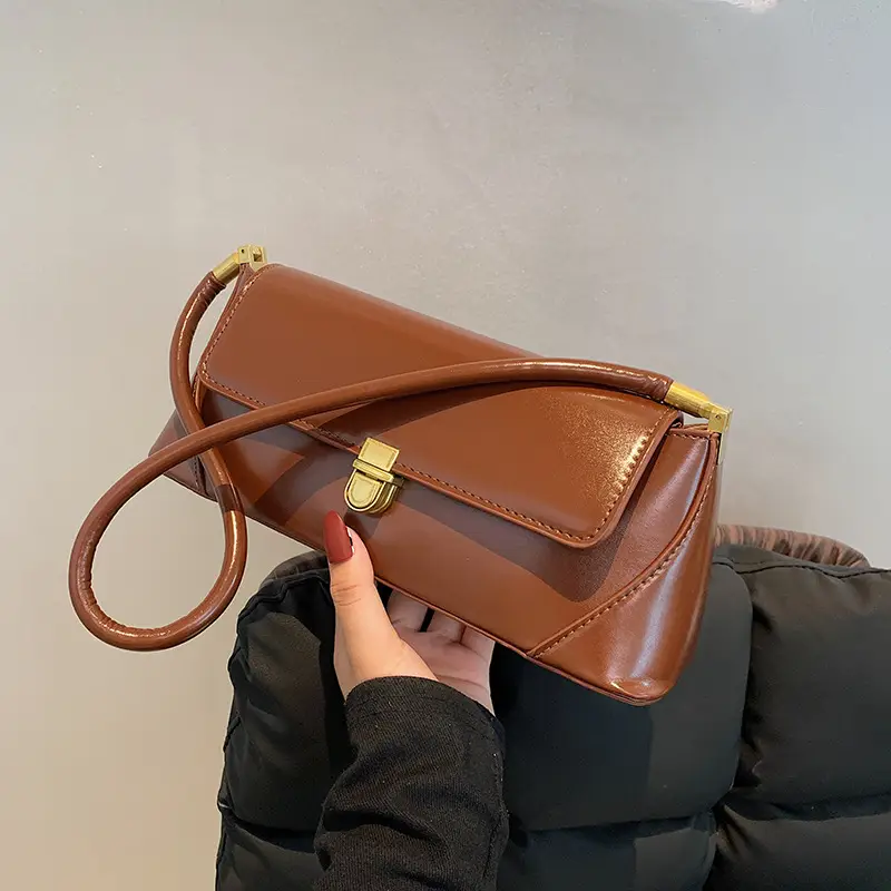 Women's French Style Shoulder Bag Brown Leather Square Design