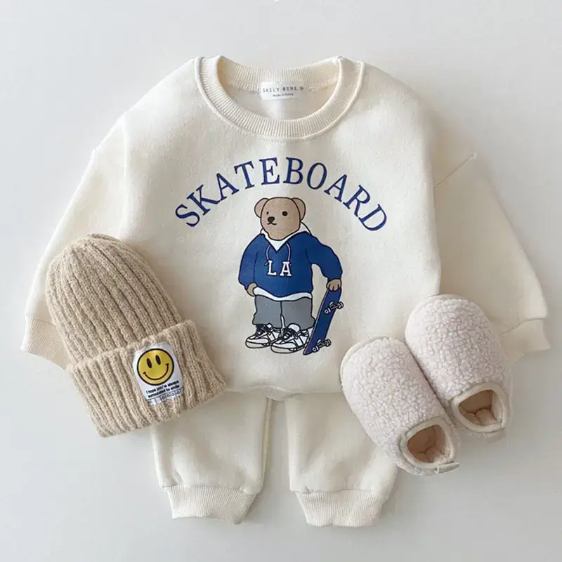 Kids Skateboard Bear Sweatshirt Set Gray Winter