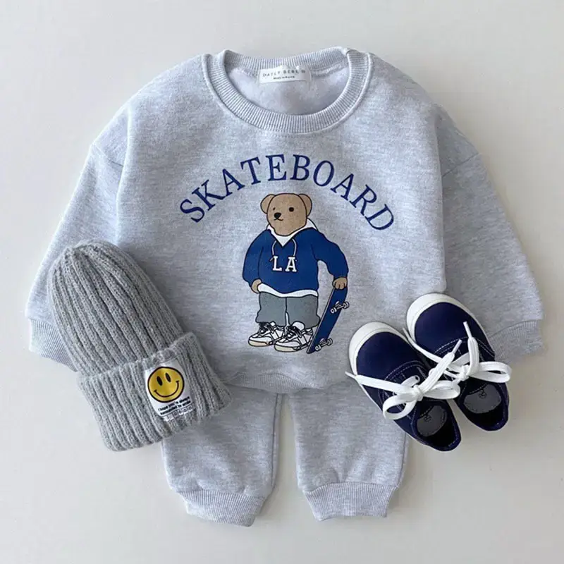 Kids Skateboard Bear Sweatshirt Set Gray Winter