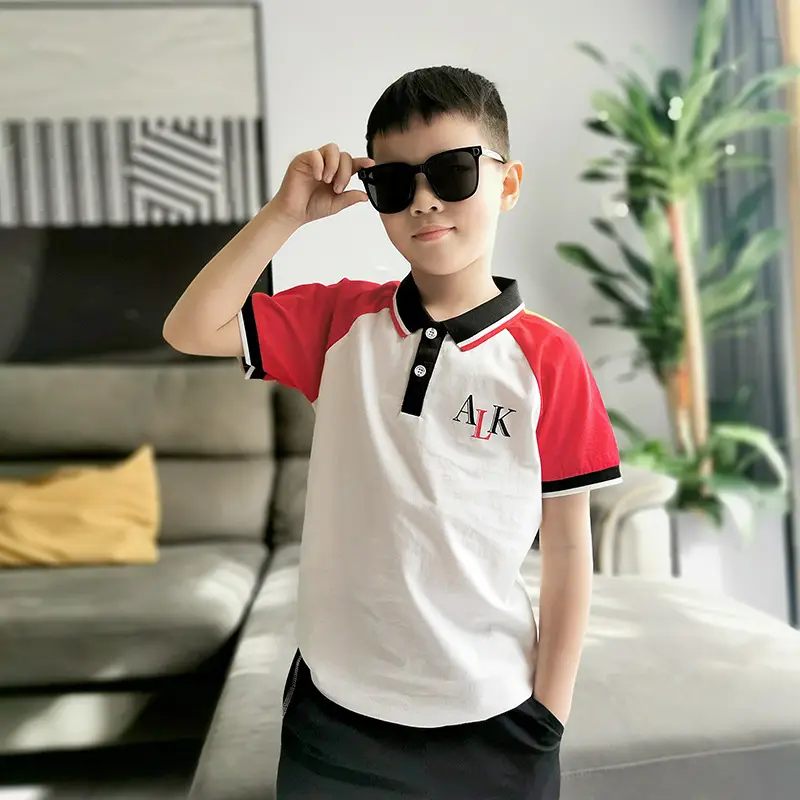 Kids Korean Style Lapel Polo Top Red White Blue Black