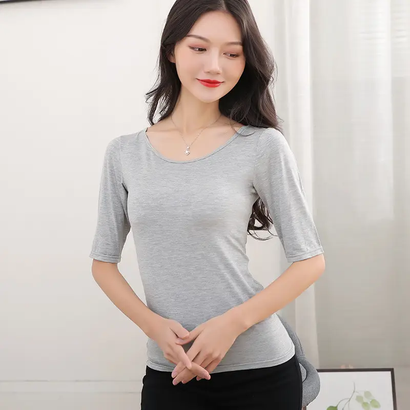 Women Grey Slim Fit T-Shirt Mid Sleeve 2025 - Image 4