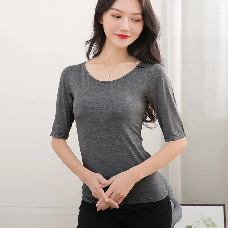 Women Grey Slim Fit T-Shirt Mid Sleeve 2025 - Image 7